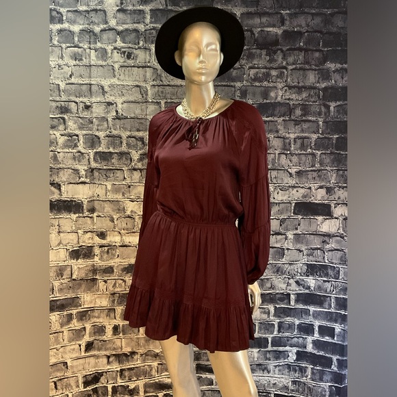 Burgundy Wine Maroon Long Baloon Sleeve Boho Mini Dress - Picture 3 of 6